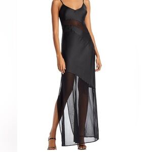 French Connection Satin Mesh Strappy Elegant Black Sheer Panel Dress L 10 NWT